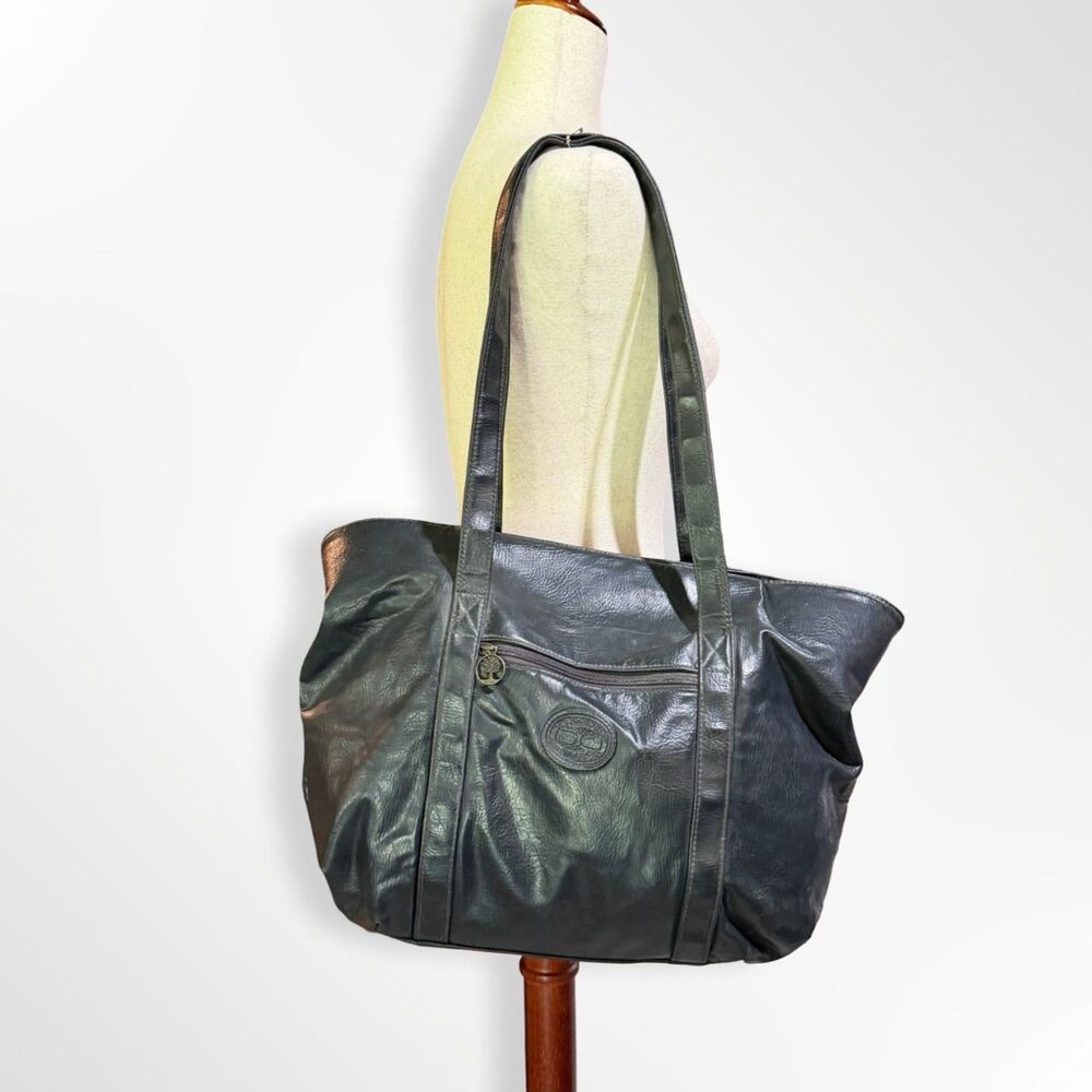 Cypress Woods, VTG Black Leather Zipper Tote Bag Large Relaxed Travel Handbag